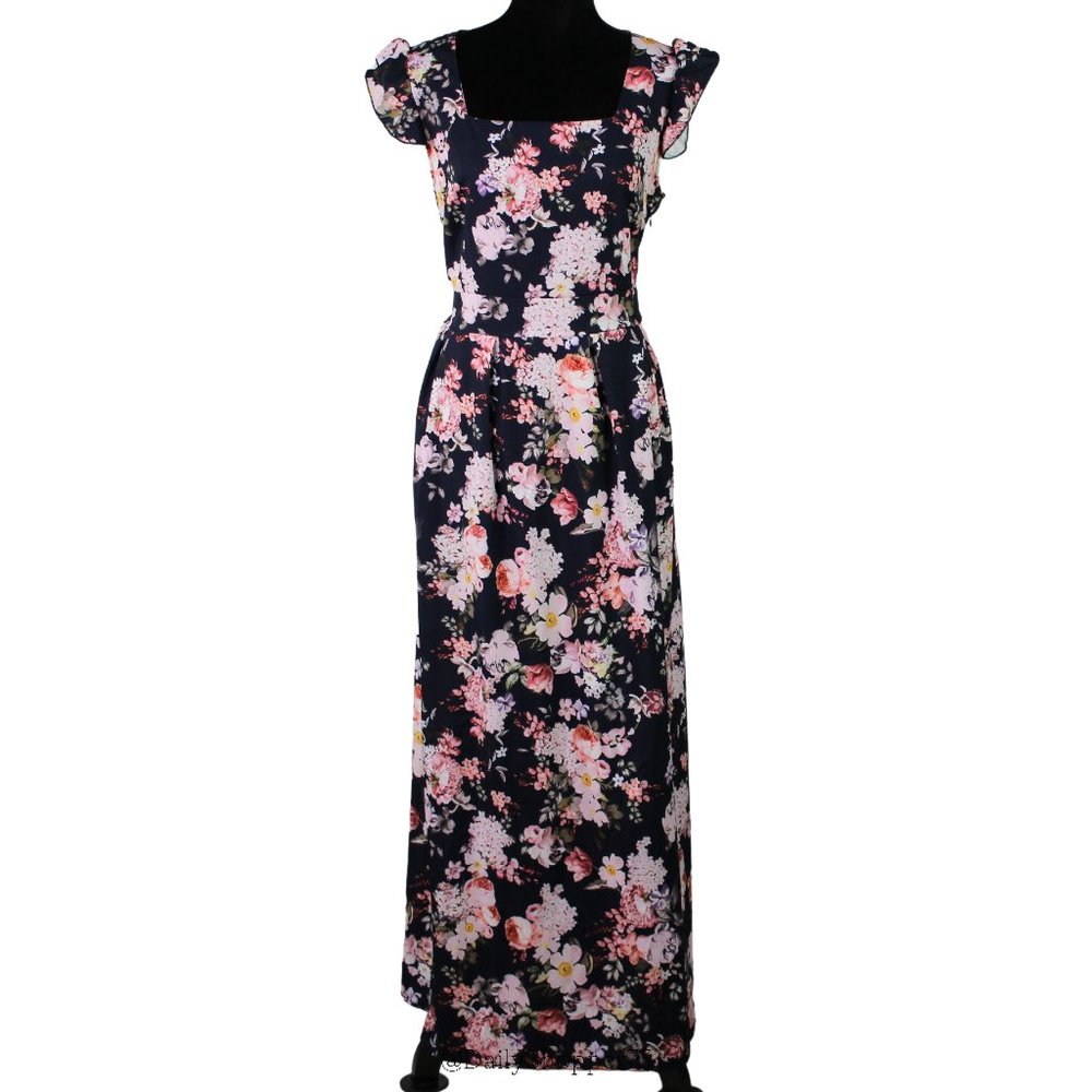 Simple Flavor Navy Blue Pink Floral Ruffle Sleeve Maxi Dress